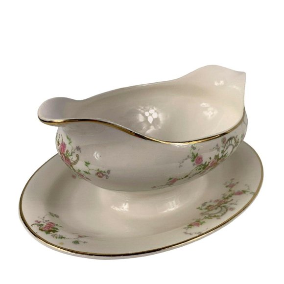 Pope Gosser Gwendolyn Gravy Boat Underplate Pink Roses Gray Scrolls Vintage - Picture 4 of 12
